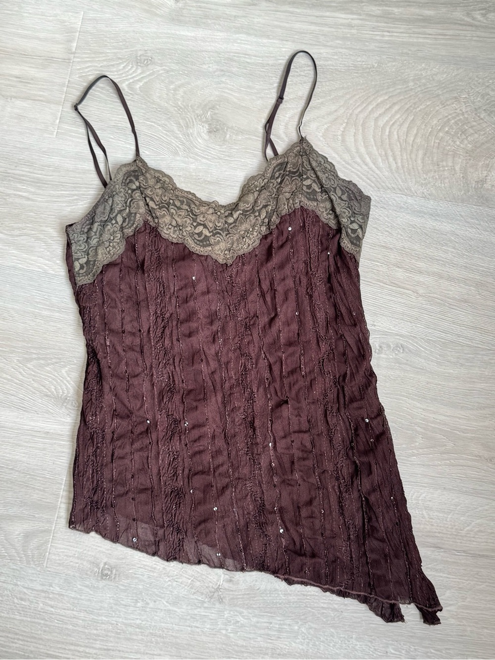 Y2K Brown Moss Green Lace Asymmetrical Cami